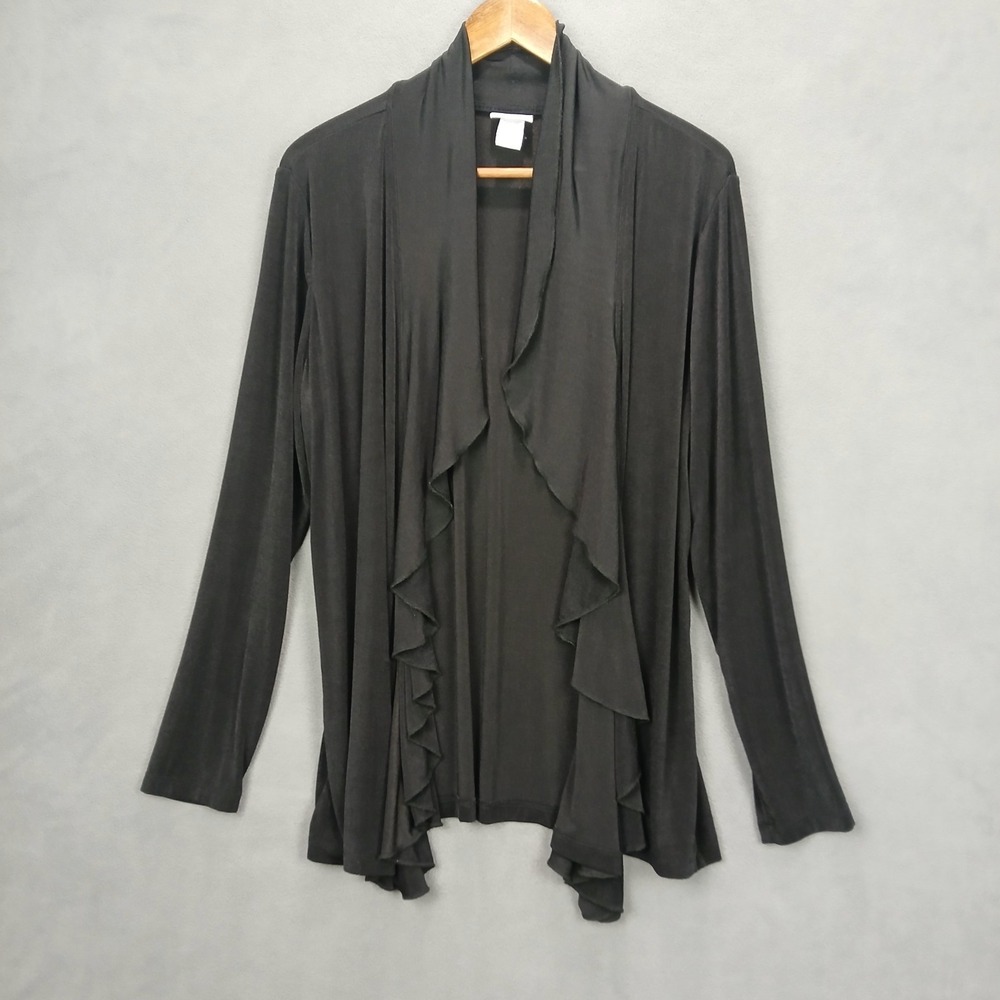 Jaclyn Smith Cardigan Sweater Womens L Black Ruffle Front Long Sleeve Open Front